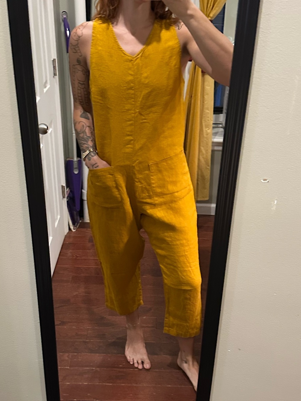 Altered Off On Mustard Yellow 100% Linen Jumpsuit